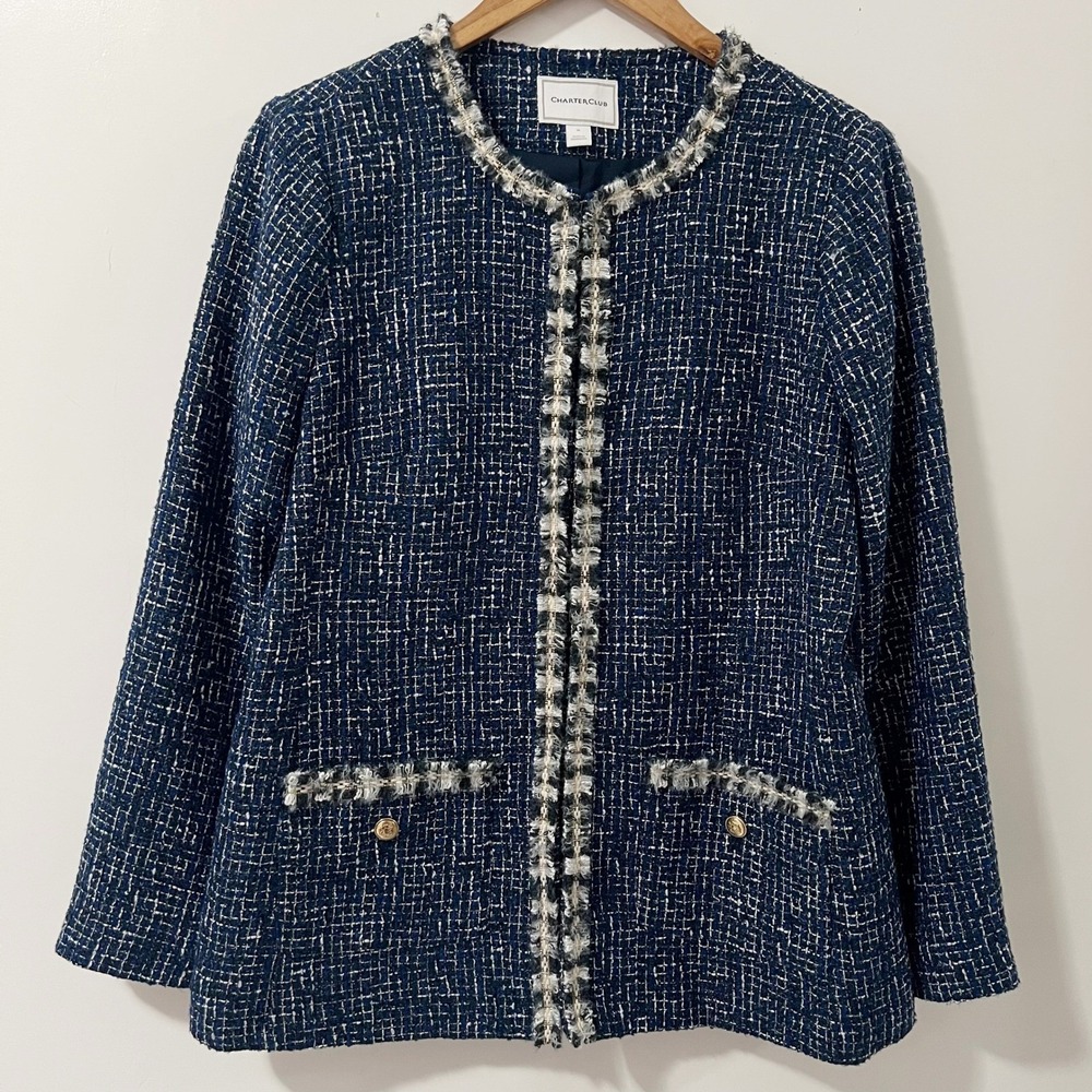 Charter Club Womens‎ Navy Blue Tweed Fringe Trim Blazer Jacket Size M Hook Eye
